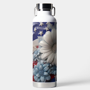 BOTELLA DE AGUA BANDERAS DE FLORES AZULES ROJOS PATRIOTAS
