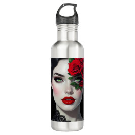 Botella De Agua Beautiful Woman with Green Eyes and Red Rose