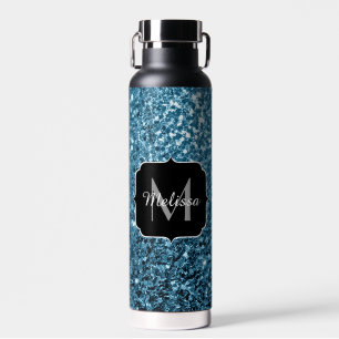 Botella De Agua Bebé azul claro monograma de purpurina falsa brill