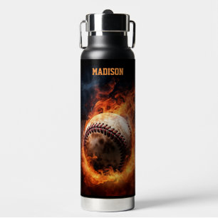 Botella De Agua Béisbol con nombre personalizado en llamas