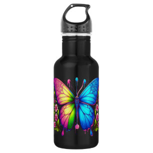 Botella De Agua Belleza simétrica: mariposa rosa y azul