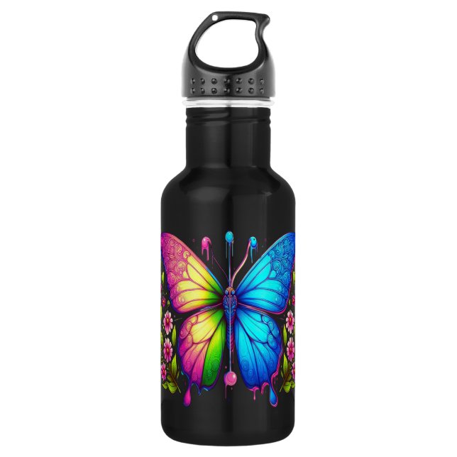 Botella De Agua Belleza simétrica: mariposa rosa y azul (Anverso)