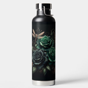 Botella De Agua Bellos Rosas negros y Verde azulados con una libél
