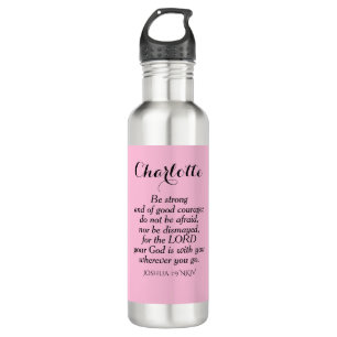 Botella De Agua Biblia de valor rosa claro Verso nombre personaliz