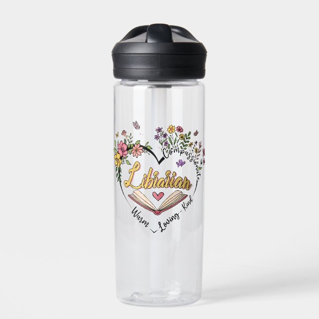 Botella De Agua Bibliotecario compasivo - Diseño de Corazón Floral (Delante)