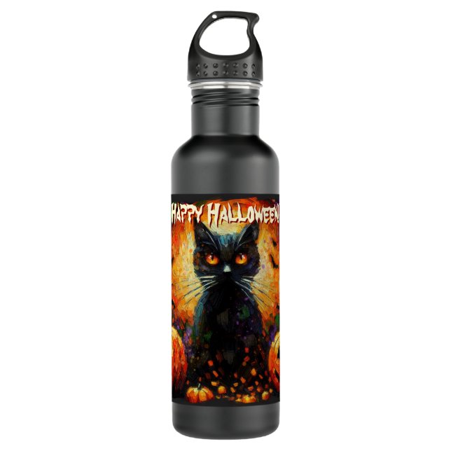 Botella De Agua Black Cat Bats Pumpkins Whimsical Personalized (Anverso)
