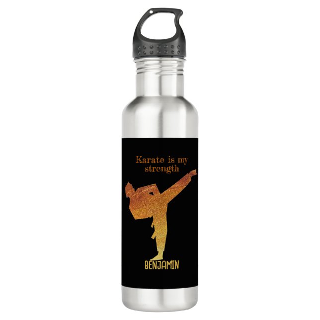 Botella De Agua Black Gold Moderno Name Japanese Karate Silhouette (Anverso)