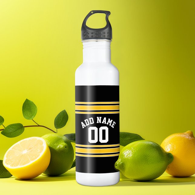 Botella De Agua Black Gold Sports Jersey con tu nombre y número (Personalized water bottle - sports jersey design)
