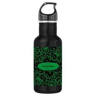 Botella de agua Black Green Swirl con nombre