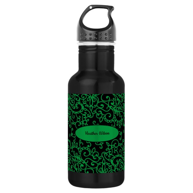 Botella de agua Black Green Swirl con nombre (Anverso)