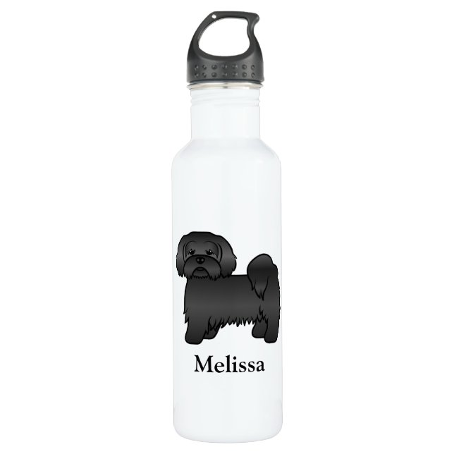 Botella De Agua Black Lhasa Apso Cute Cartog Dog & Name (Anverso)