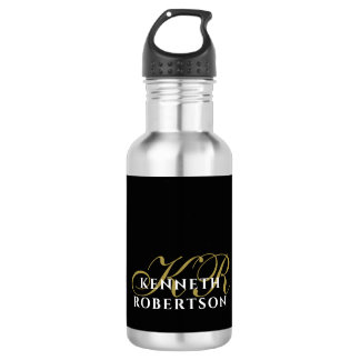 Botella De Agua Black Minimalist Monogram Gold White Elegant Men