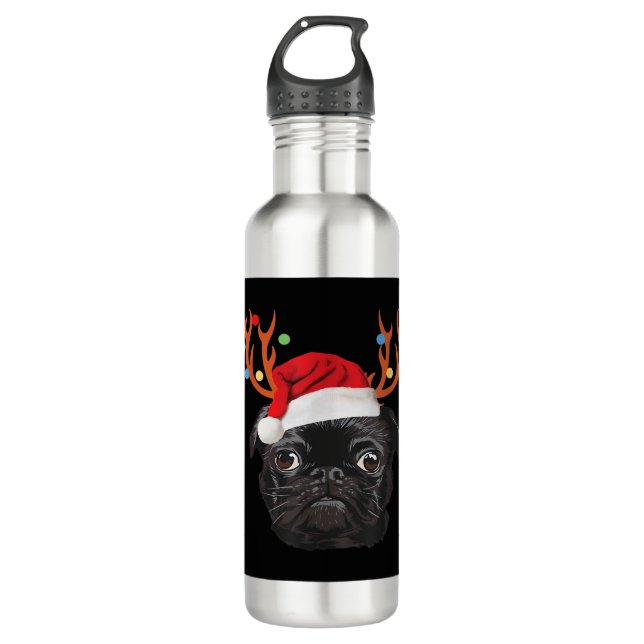 Botella De Agua Black Pug Santa Christmas Reindeer Christmas Light (Anverso)