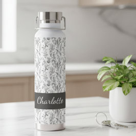 Botella De Agua Black White Toile Floral Custom Name