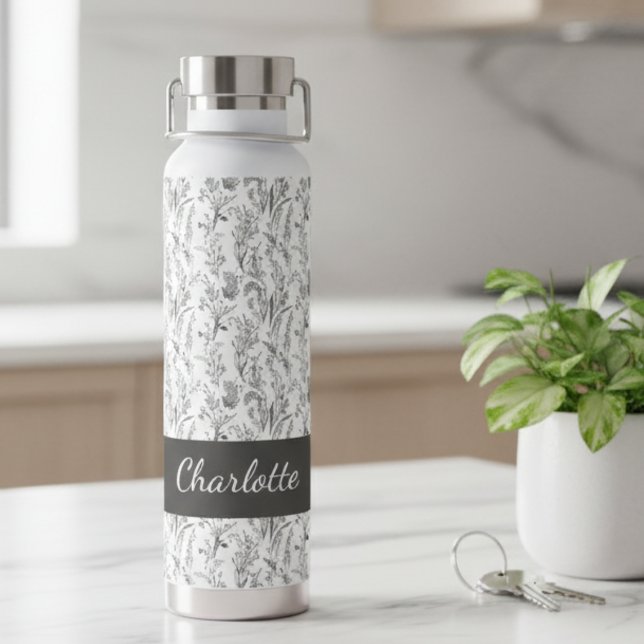 Botella De Agua Black White Toile Floral Custom Name (black and white minimalist toile pattern water bottle with custom name for gift for her)