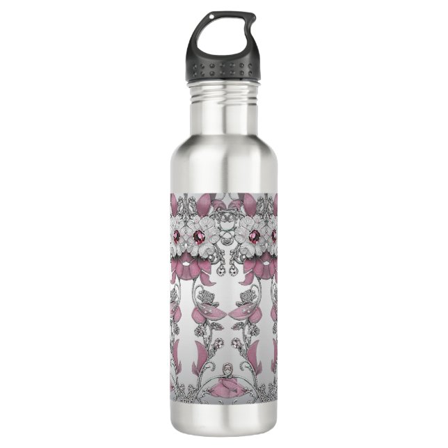 Botella de agua blanca floral rosa plateada (Anverso)