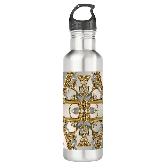 Botella de agua blanca y floral Ornate de oro (Anverso)