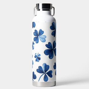 BOTELLA DE AGUA BLANCO CON TONOS DE TRÉBOLES IRLANDESES AZULES
