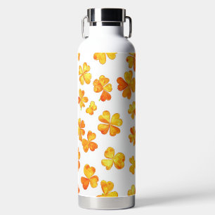 BOTELLA DE AGUA BLANCO CON TREBOL IRLANDÉS NARANJA Y AMARILLO