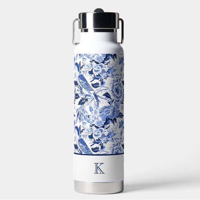 Botella De Agua Blue Bird Chinoiserie Monograma (Frente)