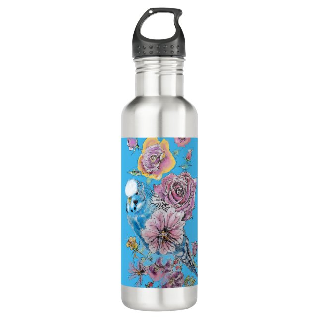Botella De Agua Blue Budgie Budgerigar Rosa acuarela Floral arte (Anverso)