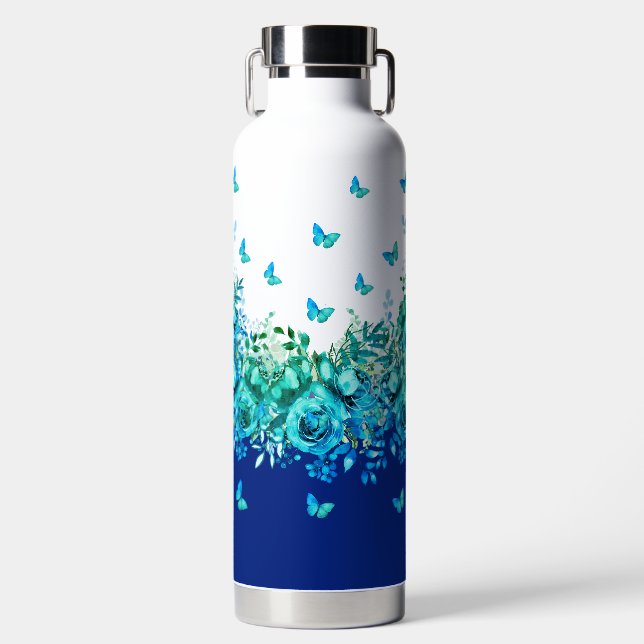 Botella De Agua Blue Butterfly Floral Water Bottle (Delantero)
