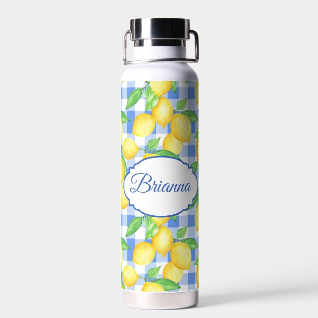 Botella De Agua Blue Gingham Lemon Name Picnic Style (Atrás)