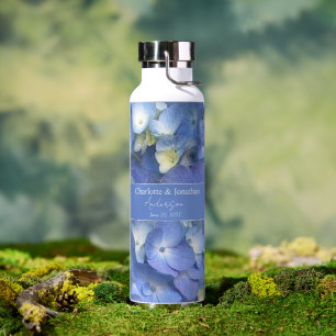 Botella De Agua Blue Hydrangea Boda Floral Nombres personalizados
