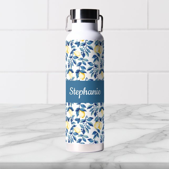 Botella De Agua Blue Lemon Watercolor Monogram Name (Subido por el creador)
