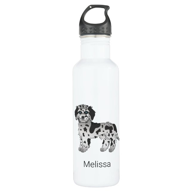 Botella De Agua Blue Merle Mini Goldendoodle Cartog Dog & Name (Anverso)