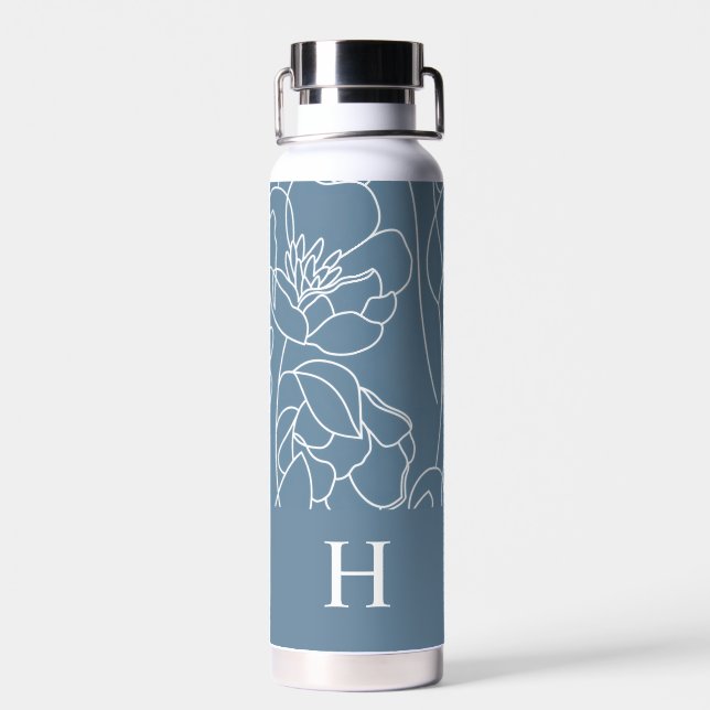 Botella De Agua Blue Modern Wildflower Monogram Name (Atrás)