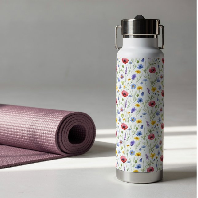 Botella De Agua Blue Red Watercolor Wildflower (Subido por el creador)