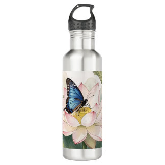 Botella De Agua  Blue Swallowtail Butterfly With Lotus Flower Art