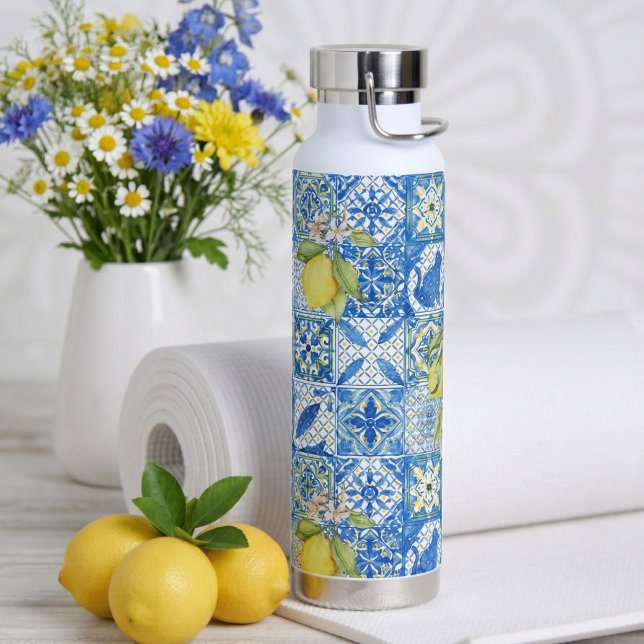 Botella De Agua Blue Tile French Country Lemon Pattern Home Decor (Subido por el creador)