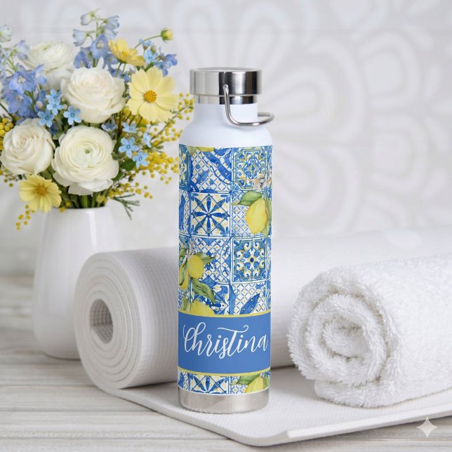 Botella De Agua Blue Tile French Country Lemon Pattern Provencal (Subido por el creador)