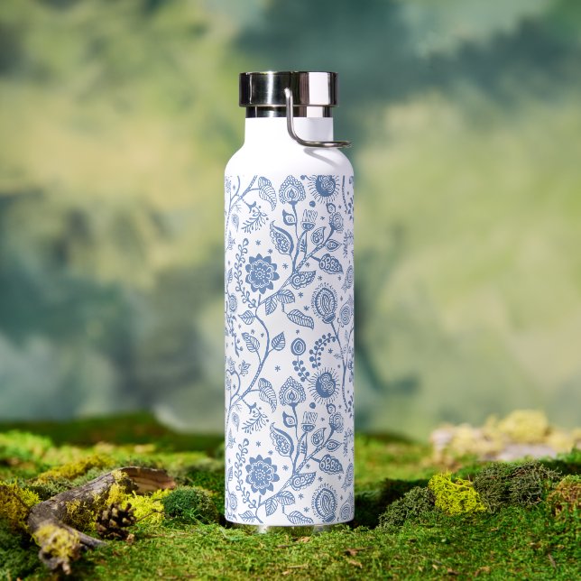 Botella De Agua Blue White Floral Boho Botanical Pattern Whimsical (Al aire libre (girado))