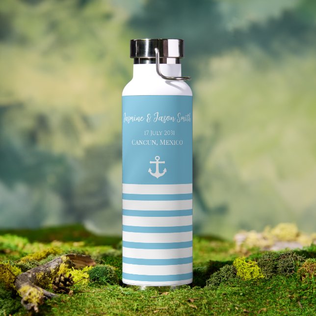 Botella De Agua Blue White Personalized Destination Wedding Favor (Exterior)