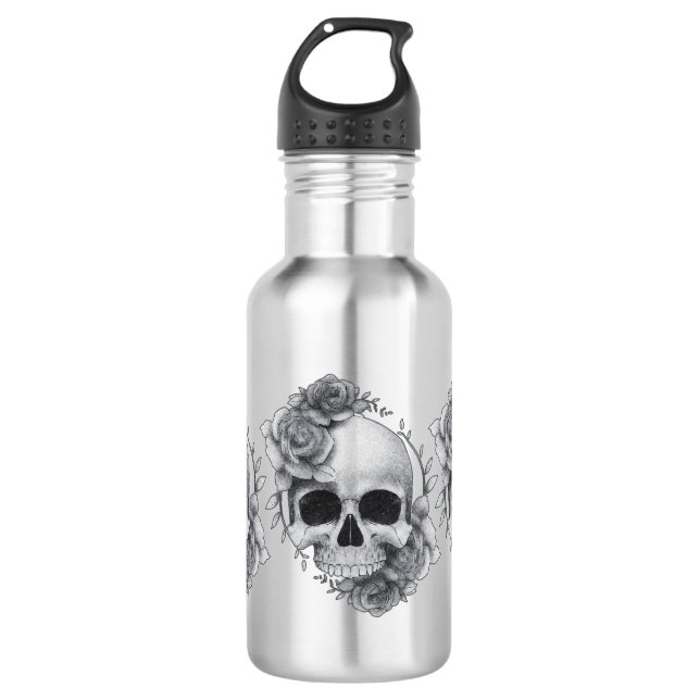 Botella De Agua Boceto de Calavera y Rosas (Anverso)