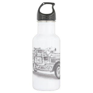 Botella De Agua boceto de camión de bomberos vintage dibujado a ma