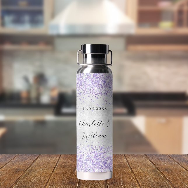 Botella De Agua Boda elegante de purpurina violeta plateado (Subido por el creador)