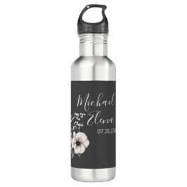 Botella De Agua Boda floral gris oscuro y blanco