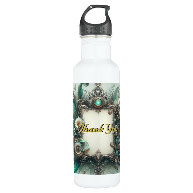 Botella De Agua Boda Floral Steampunk Green y Silver (Anverso)