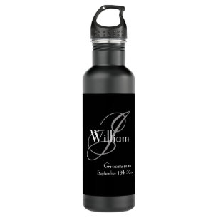 Botella De Agua Boda Groomsman Regalo Monograma moderno Guay Negro
