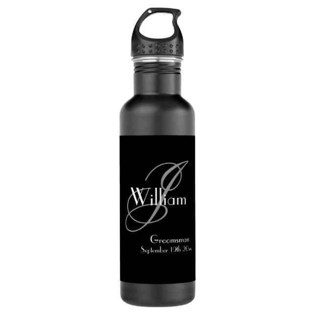 Botella De Agua Boda Groomsman Regalo Monograma moderno Guay Negro (Anverso)