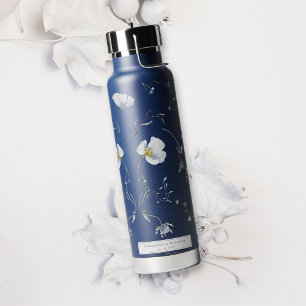 Botella De Agua Boda Navy Blue Elegant Winter Wildflowers