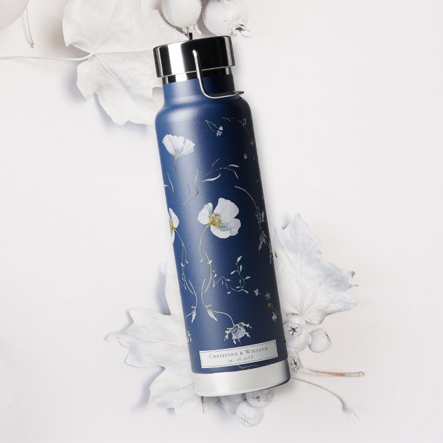 Botella De Agua Boda Navy Blue Elegant Winter Wildflowers (Subido por el creador)