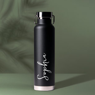 Botella De Agua Boda negro con guión de nombre personalizado