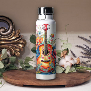 Botella De Agua Boho Country Western Floral Guitar Añadir nombre