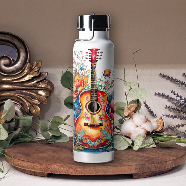 Botella De Agua Boho Country Western Floral Guitar Añadir nombre (Subido por el creador)
