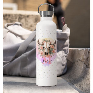 Botella De Agua Boho Floral Bull Cow Monograma Bonito Occidental